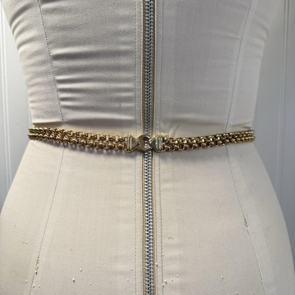 Vintage 35" Chunky Double Strand Rings Gold Tone Chain Fashion Belt Runway - Picture 3 of 12